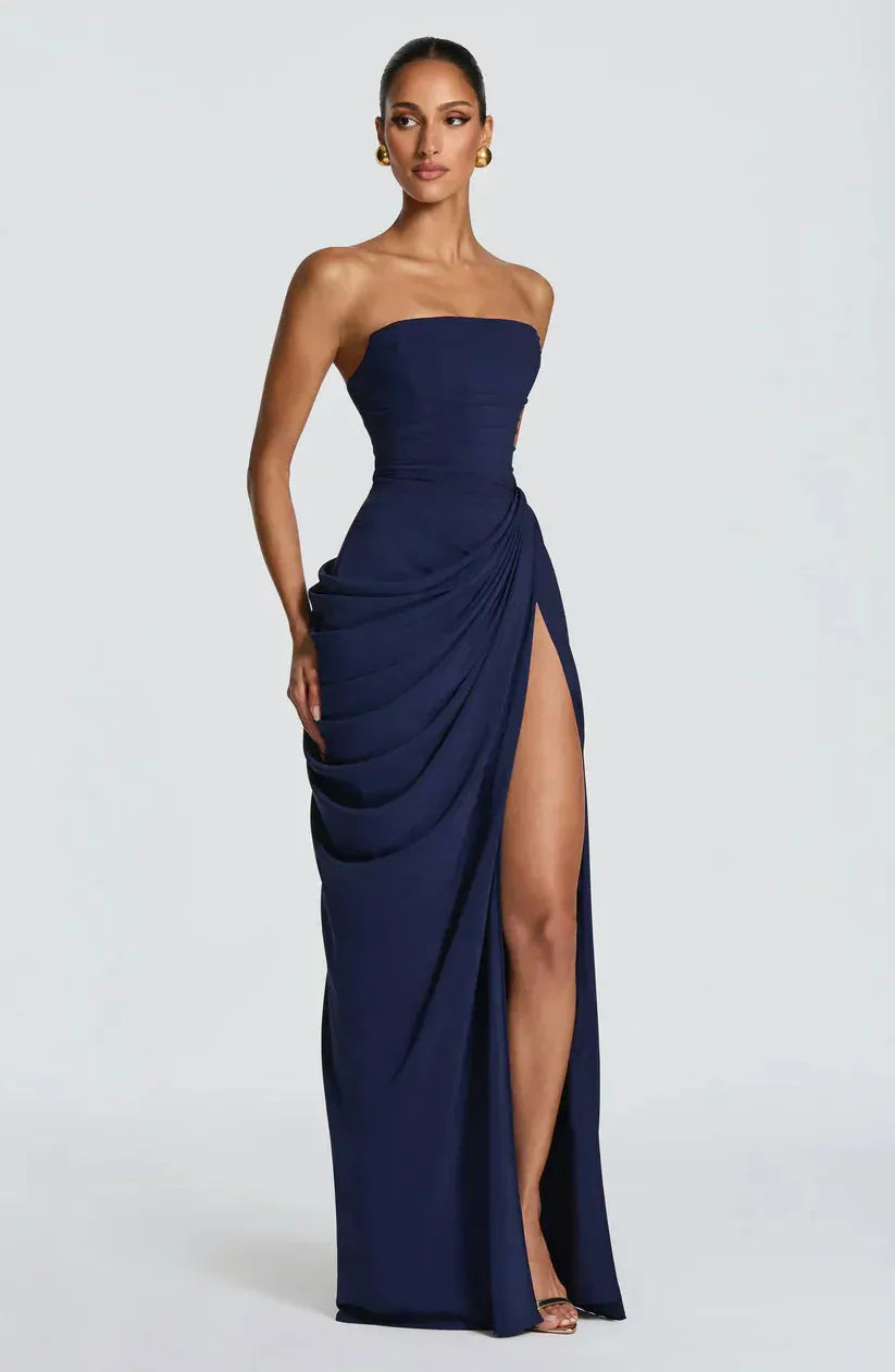 Women's Elegant Bodycon Maxi Wedding Guest Dress with Ruched Detai