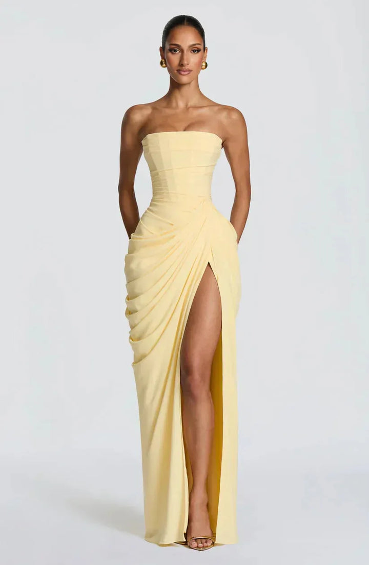 Women's Elegant Bodycon Maxi Wedding Guest Dress with Ruched Detai