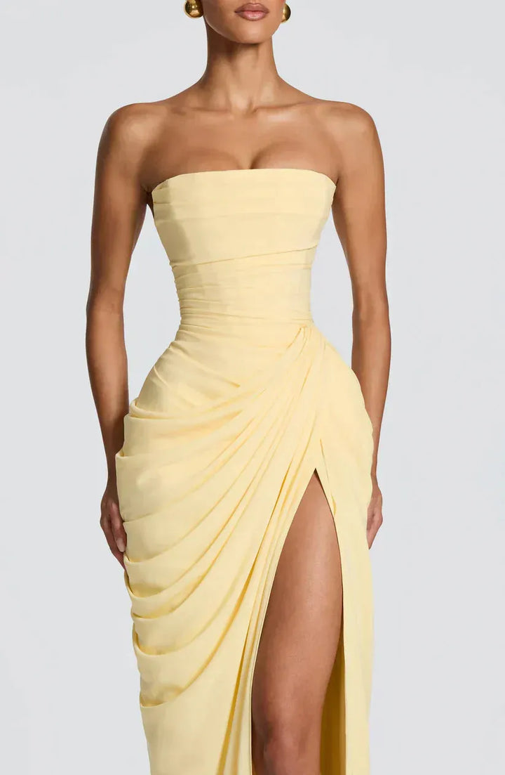 Women's Elegant Bodycon Maxi Wedding Guest Dress with Ruched Detai