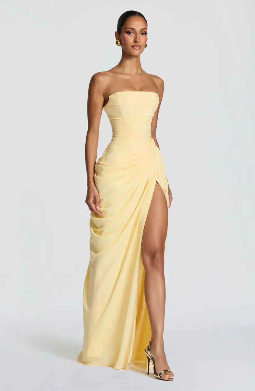 Women's Elegant Bodycon Maxi Wedding Guest Dress with Ruched Detai