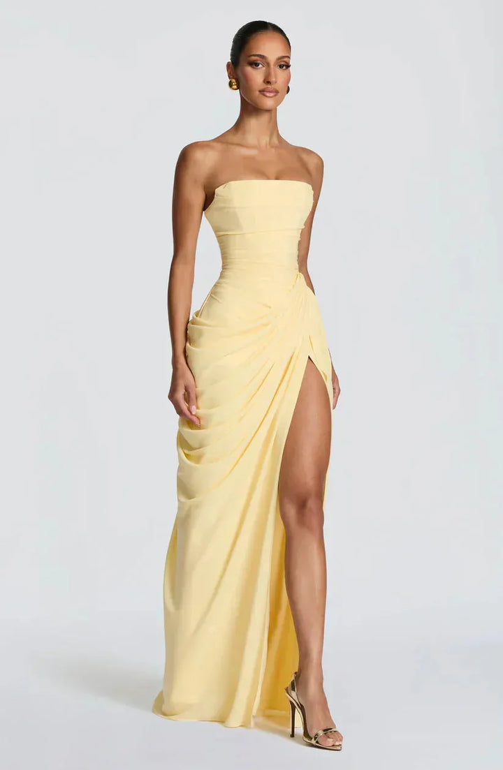 Women's Elegant Bodycon Maxi Wedding Guest Dress with Ruched Detai