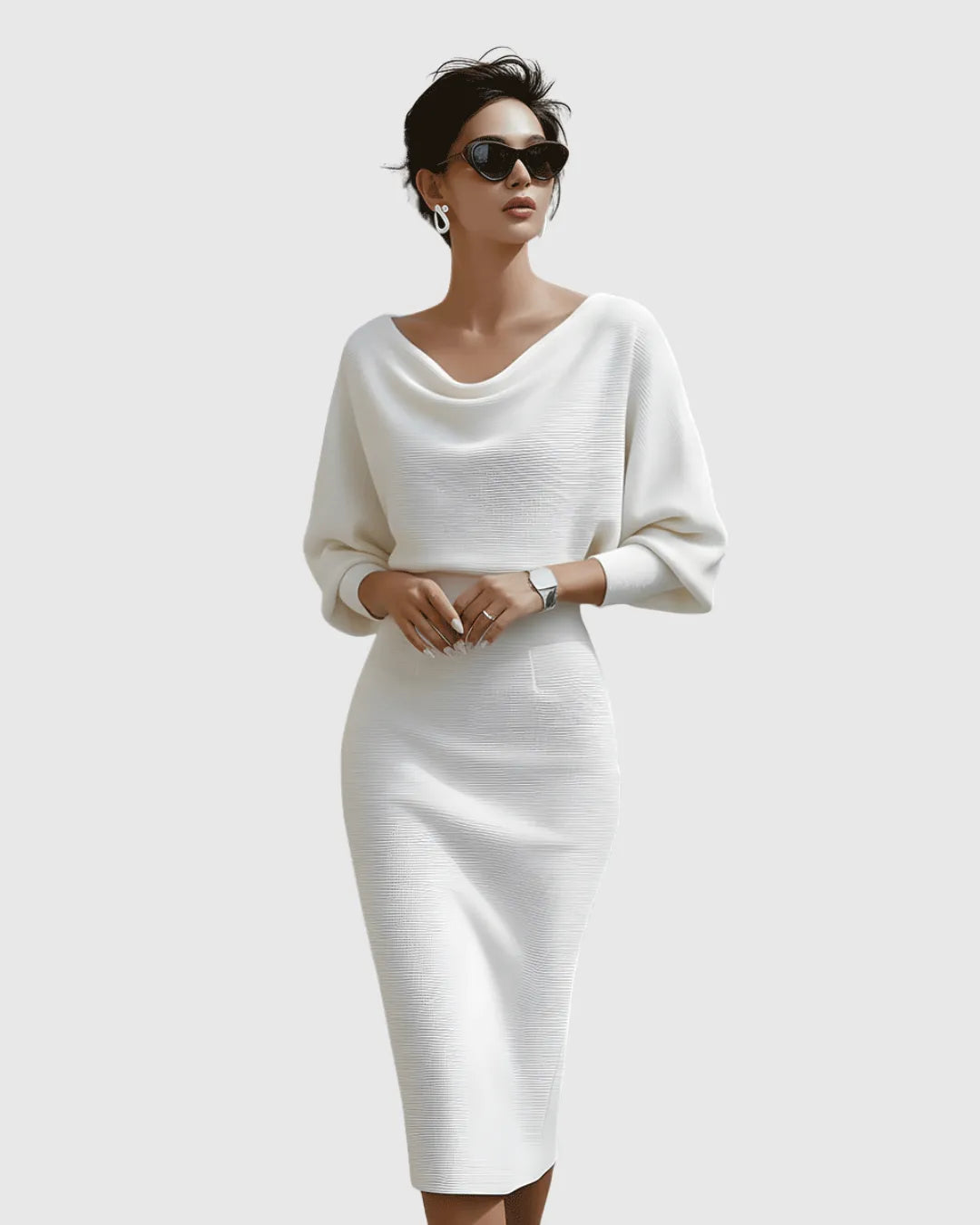 Women's Elegant Bodycon Midi Wedding Guest Dress with Boat Neck