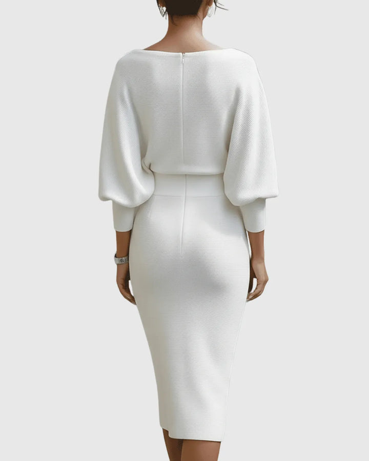 Women's Elegant Bodycon Midi Wedding Guest Dress with Boat Neck