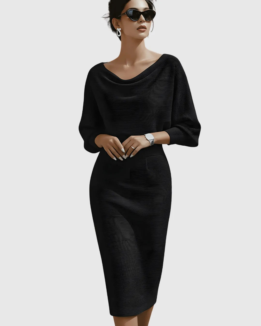 Women's Elegant Bodycon Midi Wedding Guest Dress with Boat Neck