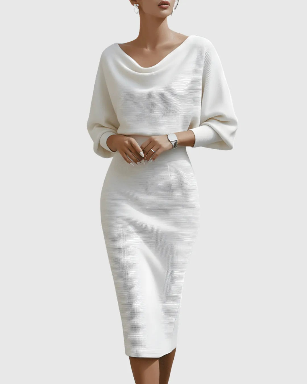 Women's Elegant Bodycon Midi Wedding Guest Dress with Boat Neck