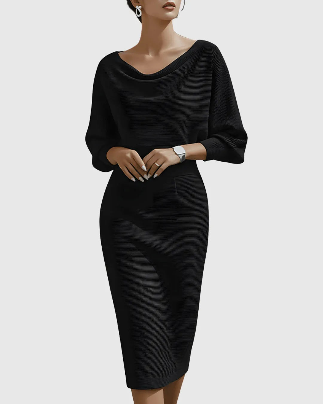 Women's Elegant Bodycon Midi Wedding Guest Dress with Boat Neck