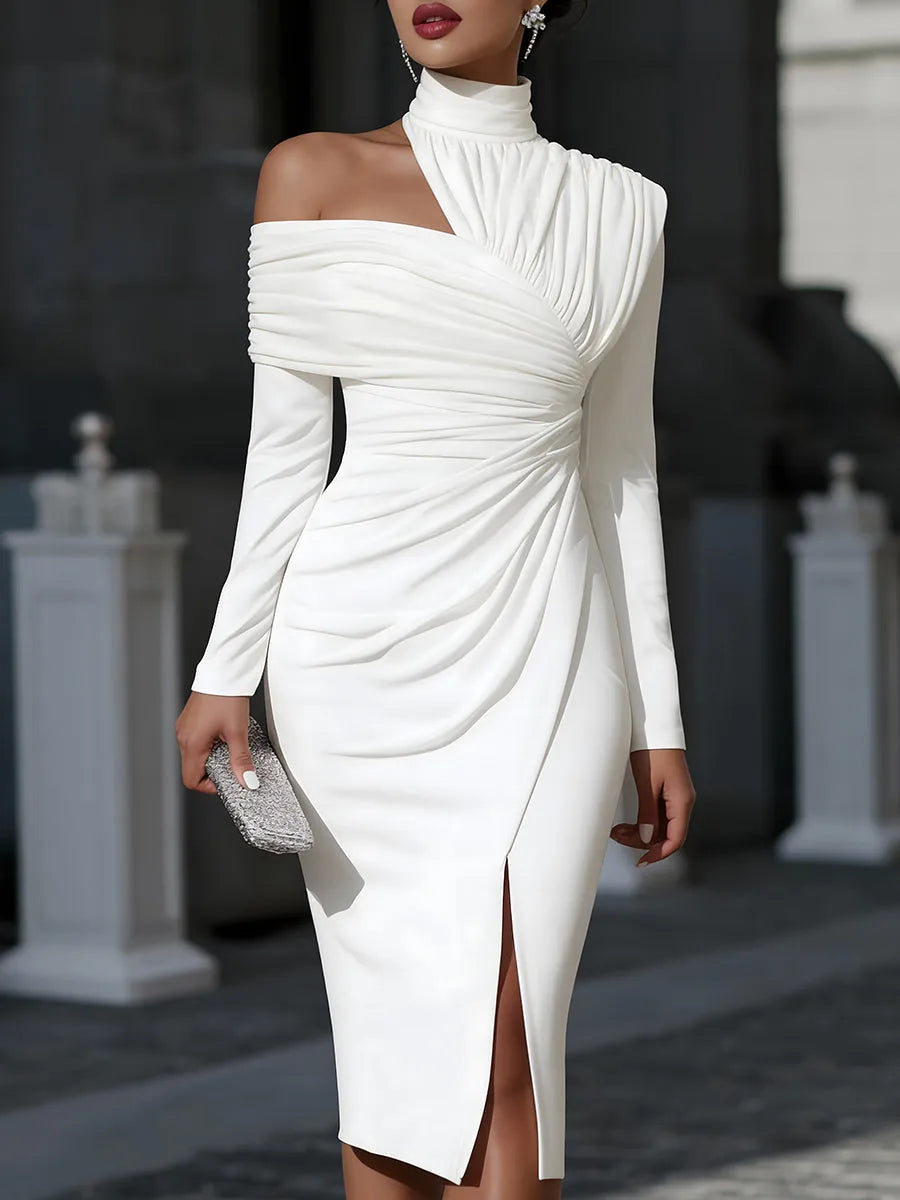 Women's Elegant Bodycon Midi Wedding Guest Dress with High Neck