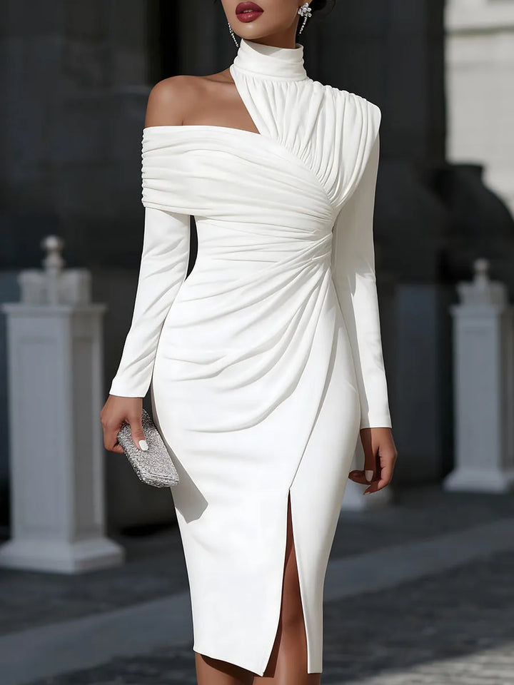 Women's Elegant Bodycon Midi Wedding Guest Dress with High Neck