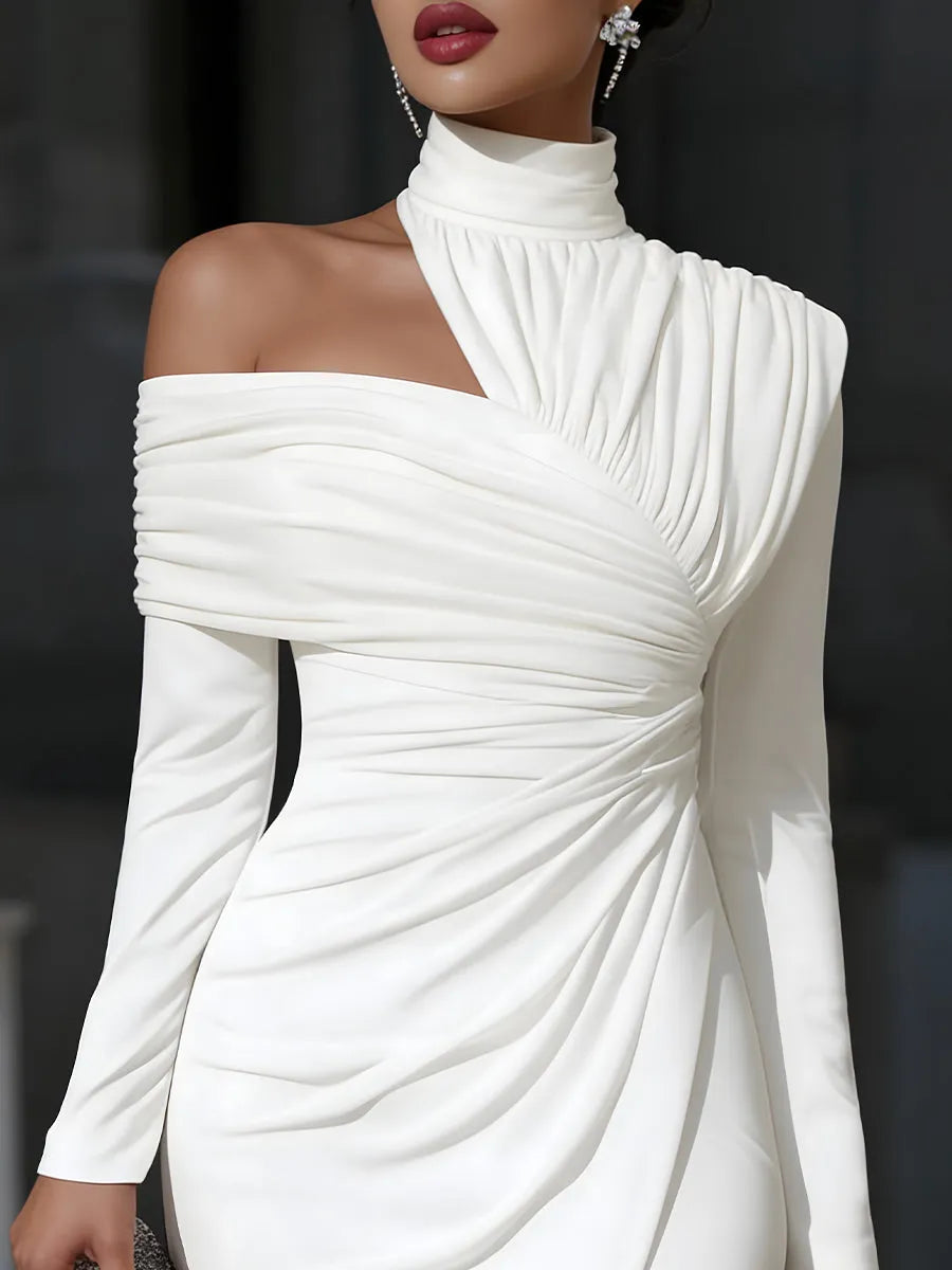 Women's Elegant Bodycon Midi Wedding Guest Dress with High Neck