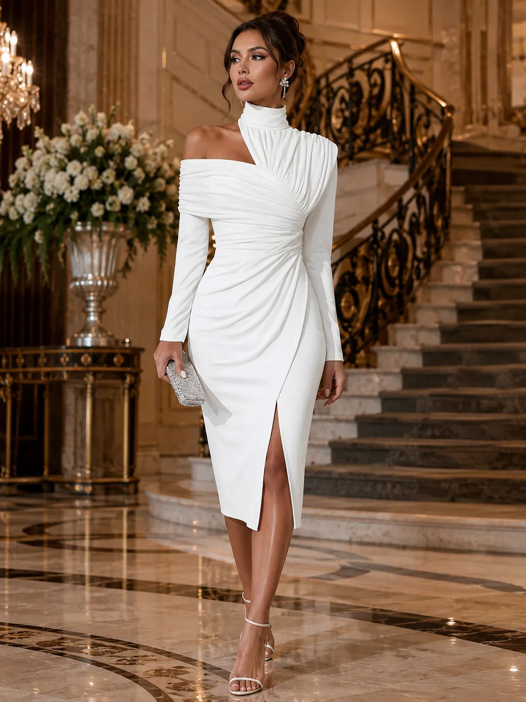 Women's Elegant Bodycon Midi Wedding Guest Dress with High Neck