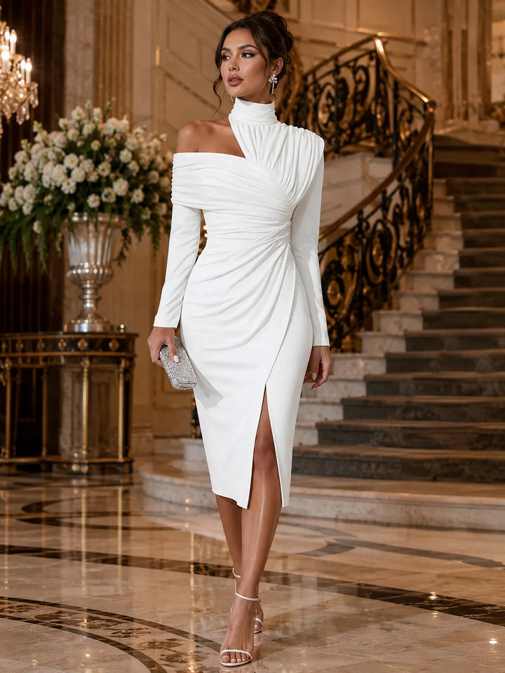 Women's Elegant Bodycon Midi Wedding Guest Dress with High Neck