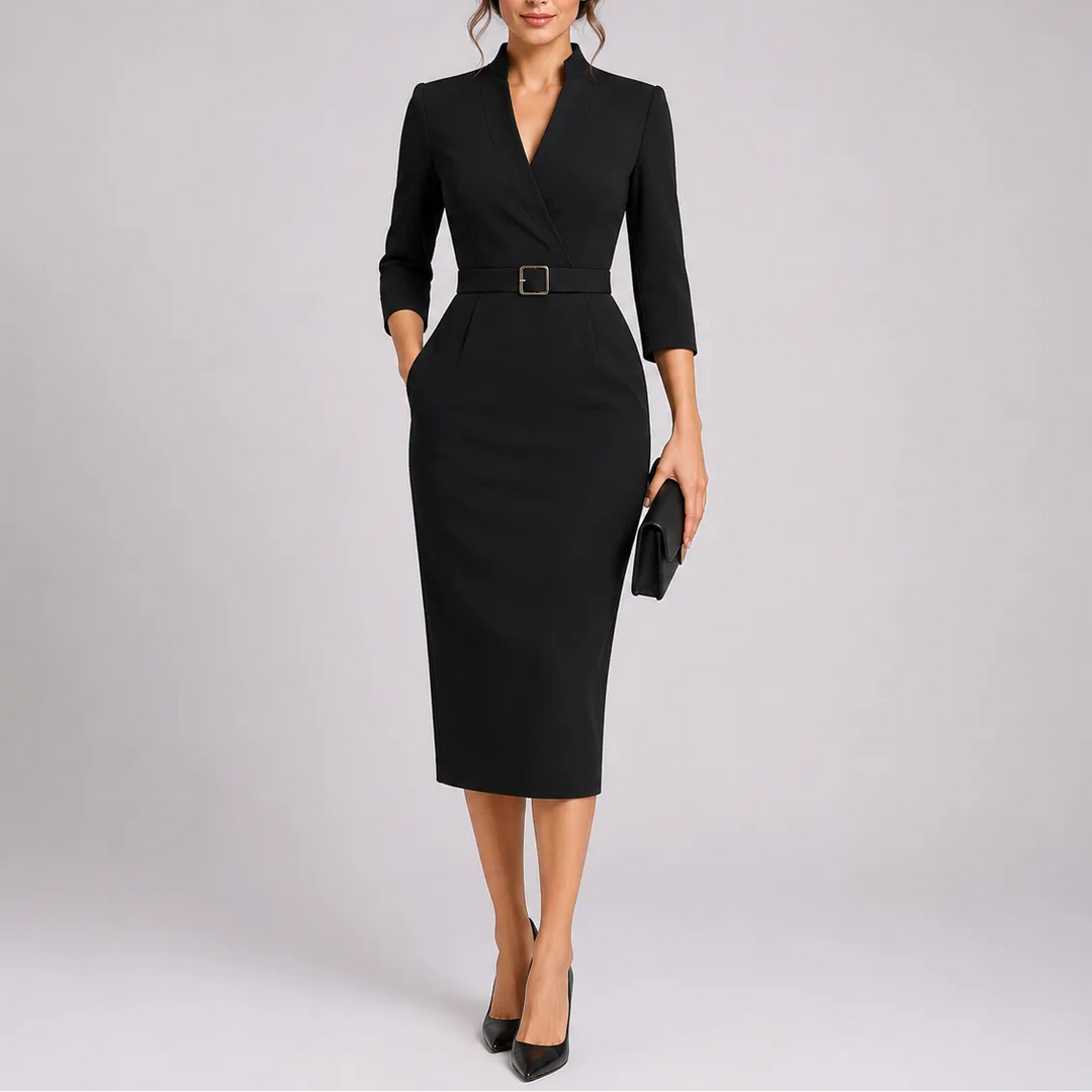 Women's Elegant Bodycon Midi Wedding Guest Dress with Mandarin Collar and V-Neck