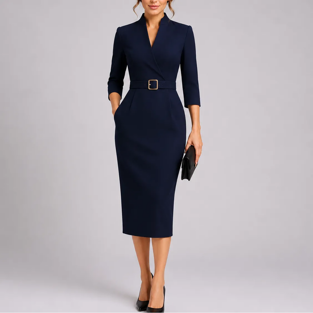 Women's Elegant Bodycon Midi Wedding Guest Dress with Mandarin Collar and V-Neck