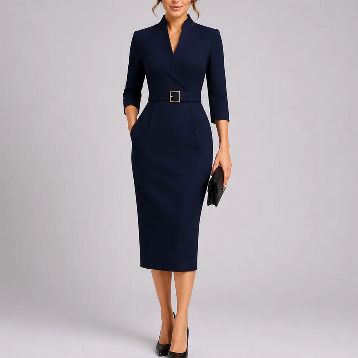 Women's Elegant Bodycon Midi Wedding Guest Dress with Mandarin Collar and V-Neck