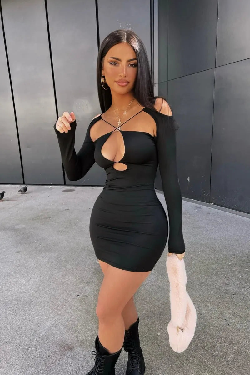 Women's Elegant Bodycon Mini Cocktail Dress with Cut Out and Long Sleeve