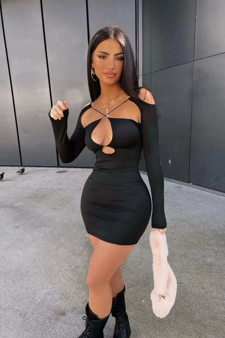 Women's Elegant Bodycon Mini Cocktail Dress with Cut Out and Long Sleeve