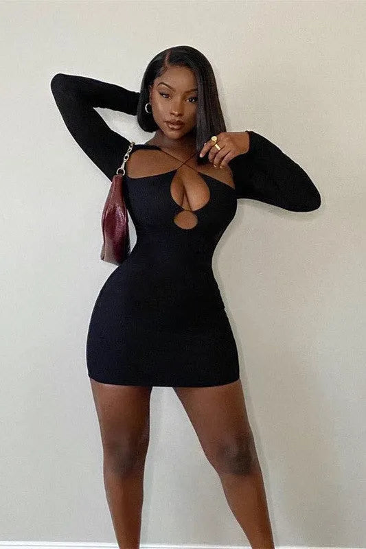 Women's Elegant Bodycon Mini Cocktail Dress with Cut Out and Long Sleeve