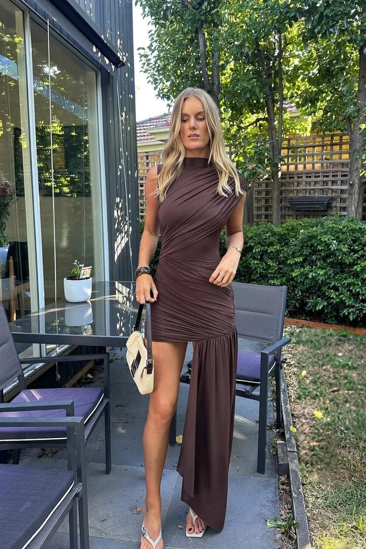 Women's Elegant Bodycon Mini Cocktail Dress with High Neck and Ruched Detail
