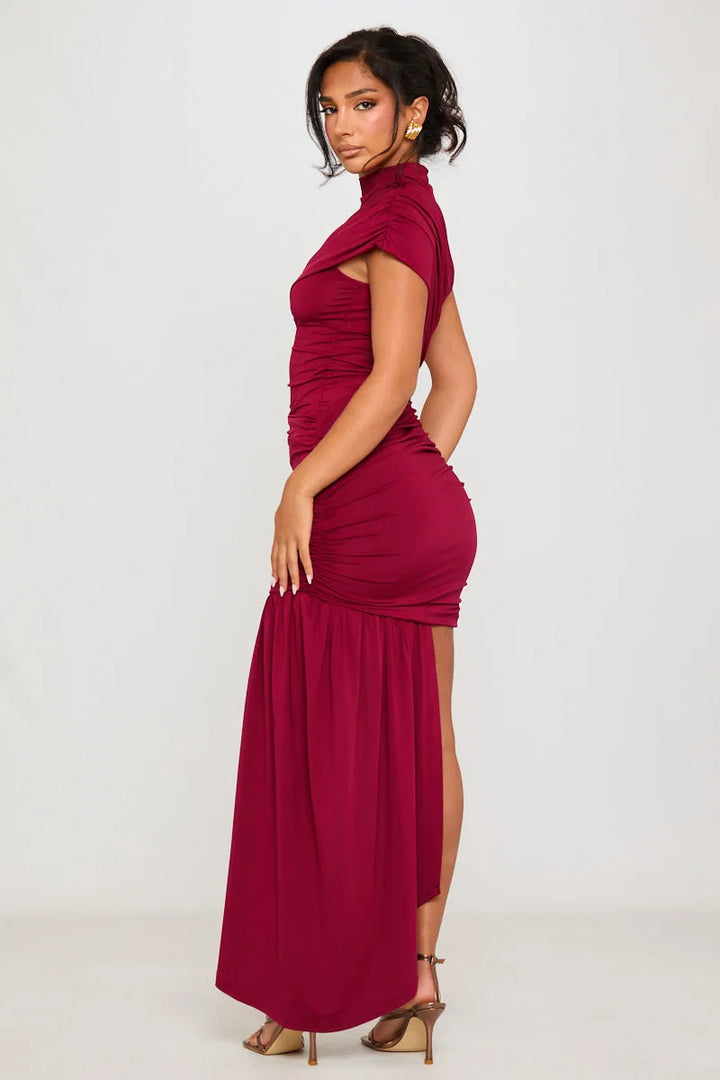 Women's Elegant Bodycon Mini Cocktail Dress with High Neck and Ruched Detail