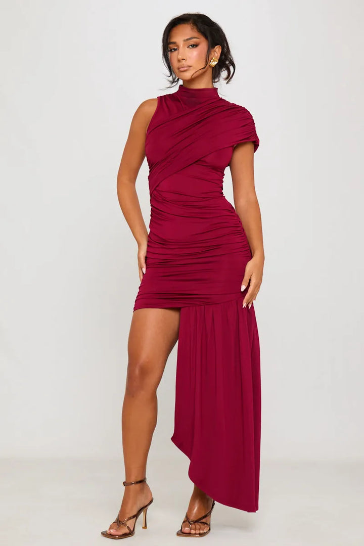 Women's Elegant Bodycon Mini Cocktail Dress with High Neck and Ruched Detail