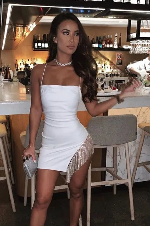 Women's Elegant Bodycon Mini Cocktail Dress with Slit and Fringe