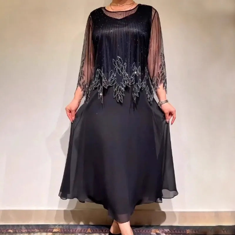 Women's Elegant Casual Maxi Wedding Guest Dress with Scoop Neck