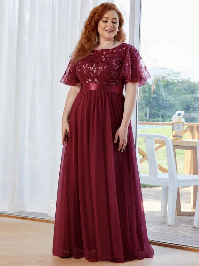 Women's Elegant Embroidered Maxi Wedding Guest Dresses with Flutter Sleeve