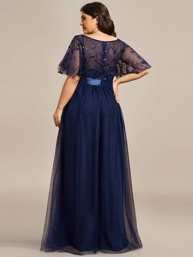Women's Elegant Embroidered Maxi Wedding Guest Dresses with Flutter Sleeve