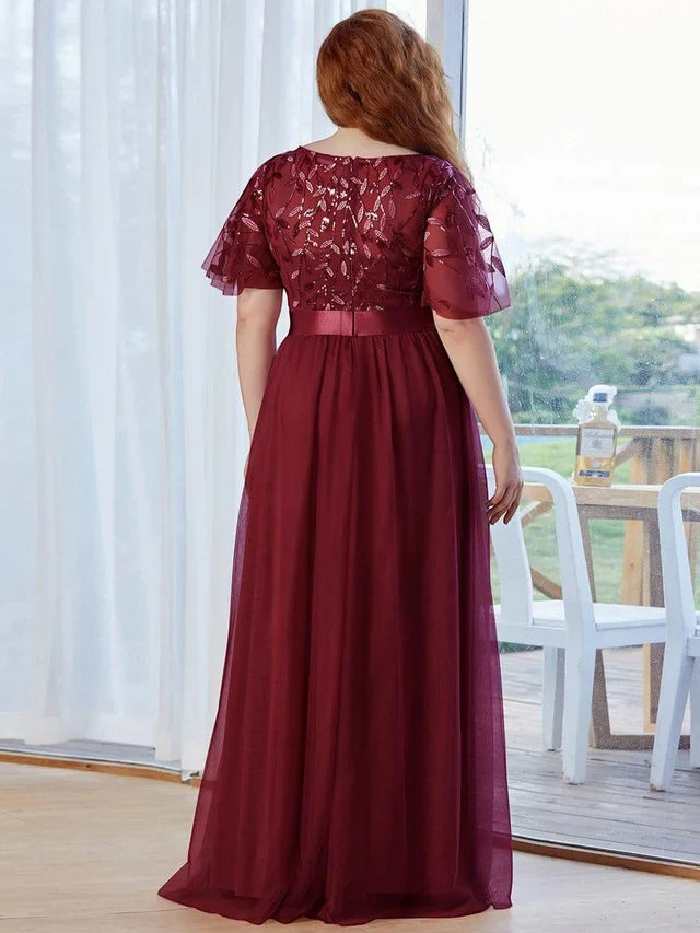 Women's Elegant Embroidered Maxi Wedding Guest Dresses with Flutter Sleeve