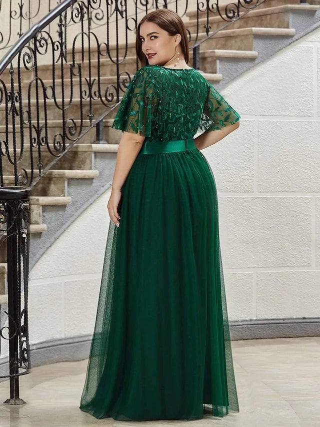 Women's Elegant Embroidered Maxi Wedding Guest Dresses with Flutter Sleeve