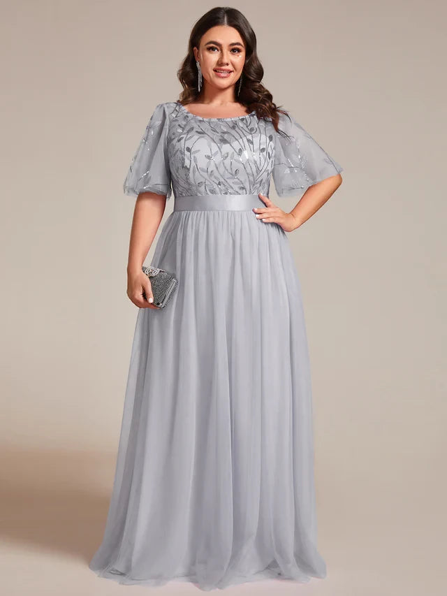 Women's Elegant Embroidered Maxi Wedding Guest Dresses with Flutter Sleeve