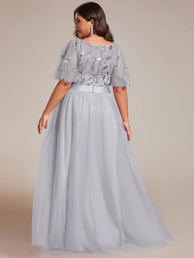Women's Elegant Embroidered Maxi Wedding Guest Dresses with Flutter Sleeve
