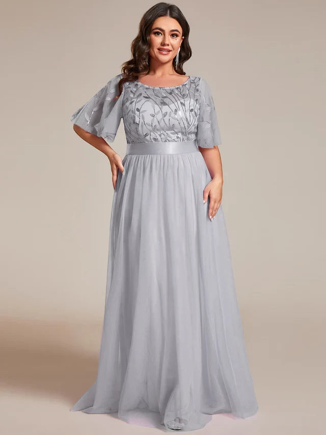 Women's Elegant Embroidered Maxi Wedding Guest Dresses with Flutter Sleeve