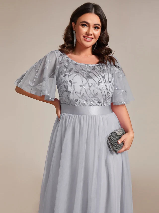 Women's Elegant Embroidered Maxi Wedding Guest Dresses with Flutter Sleeve