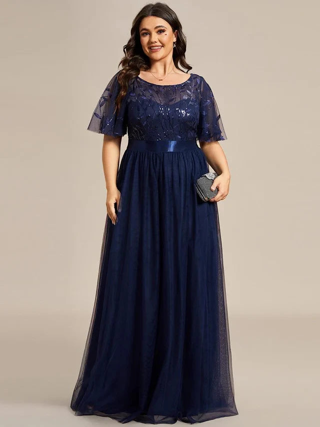Women's Elegant Embroidered Maxi Wedding Guest Dresses with Flutter Sleeve