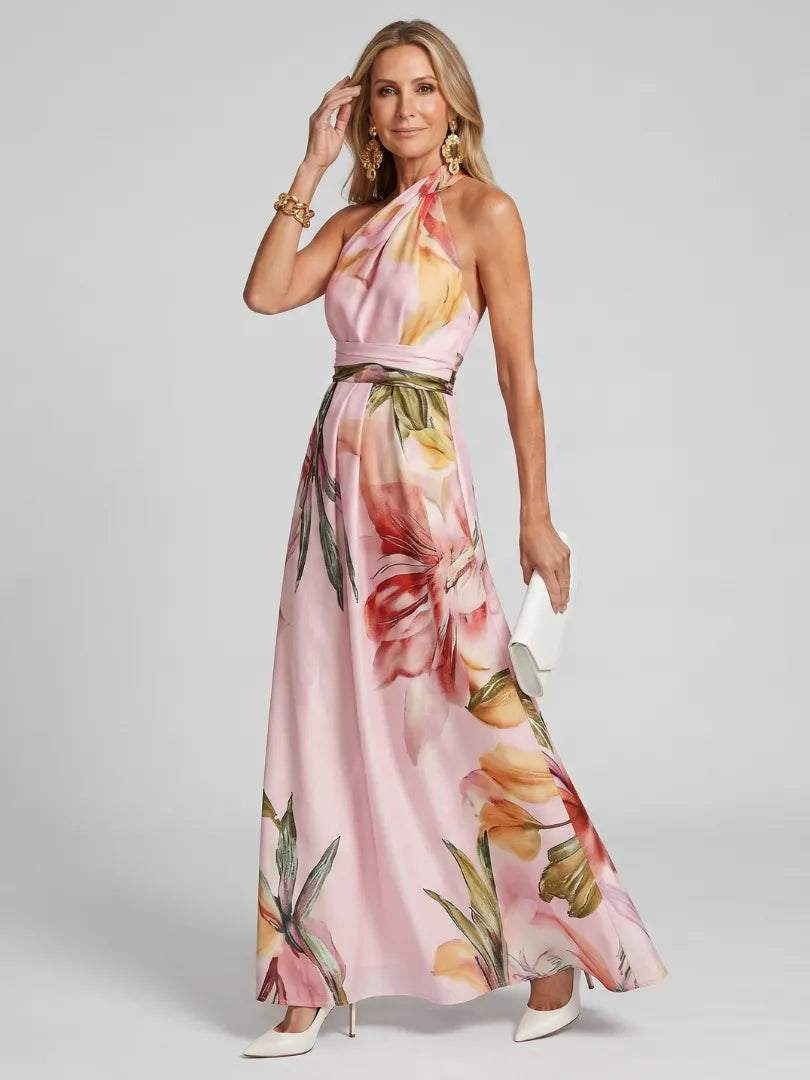 Women's Elegant Floral Maxi Wedding Guest Dress with Halter Neck Neckline