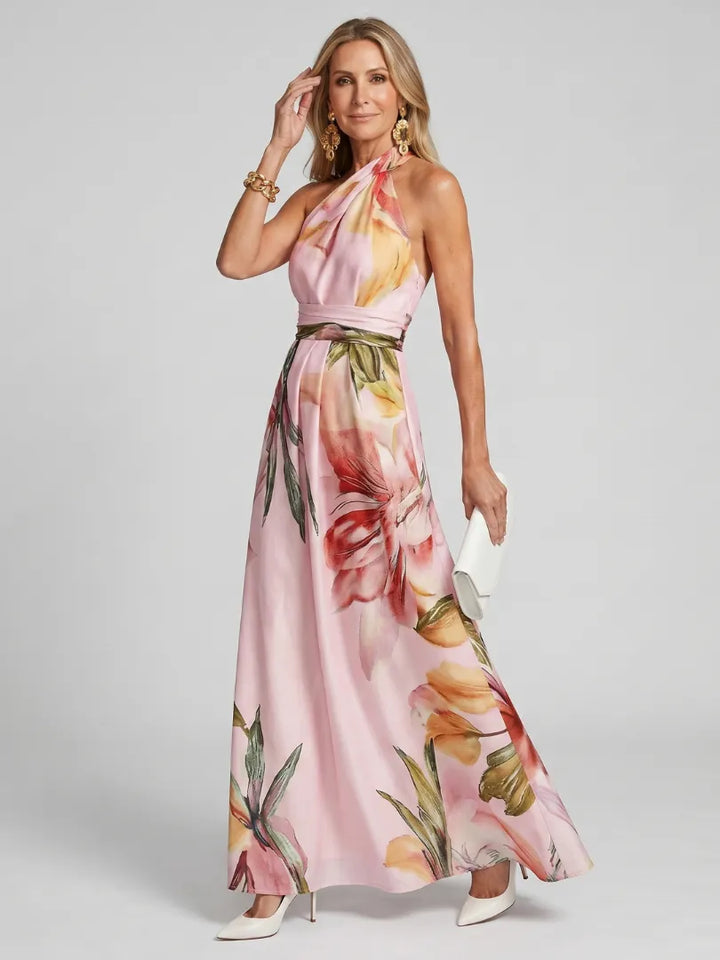 Women's Elegant Floral Maxi Wedding Guest Dress with Halter Neck Neckline