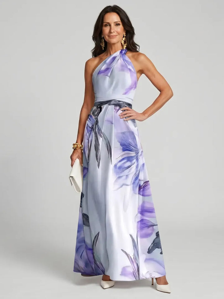 Women's Elegant Floral Maxi Wedding Guest Dress with Halter Neck Neckline