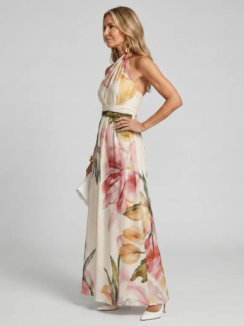 Women's Elegant Floral Maxi Wedding Guest Dress with Halter Neck Neckline