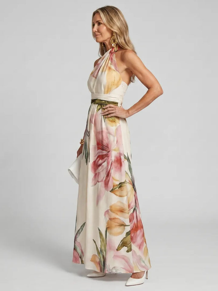 Women's Elegant Floral Maxi Wedding Guest Dress with Halter Neck Neckline