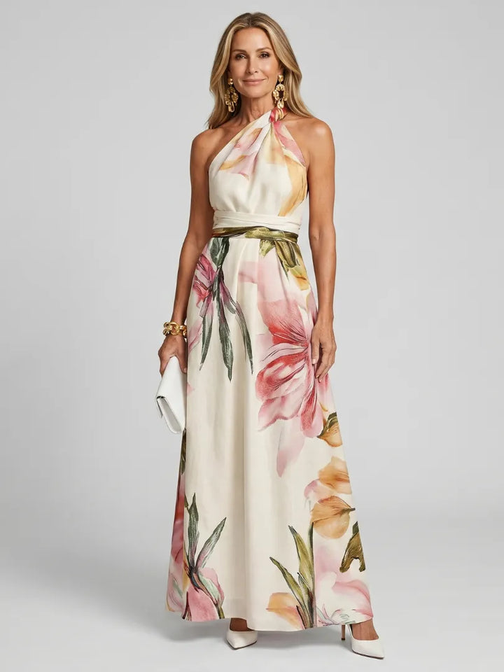 Women's Elegant Floral Maxi Wedding Guest Dress with Halter Neck Neckline