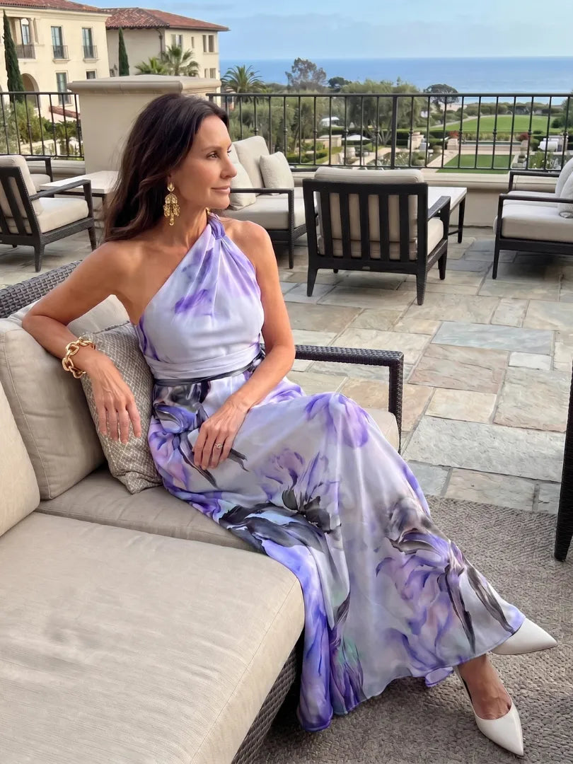 Women's Elegant Floral Maxi Wedding Guest Dress with Halter Neck Neckline