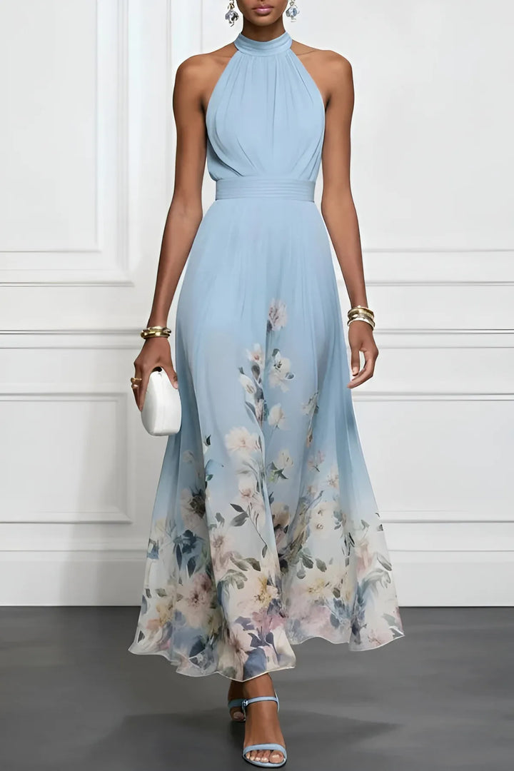Women's Elegant Floral Maxi Wedding Guest Dress with Halter Neck