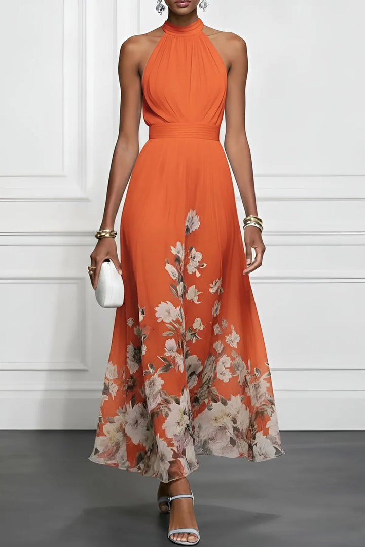 Women's Elegant Floral Maxi Wedding Guest Dress with Halter Neck