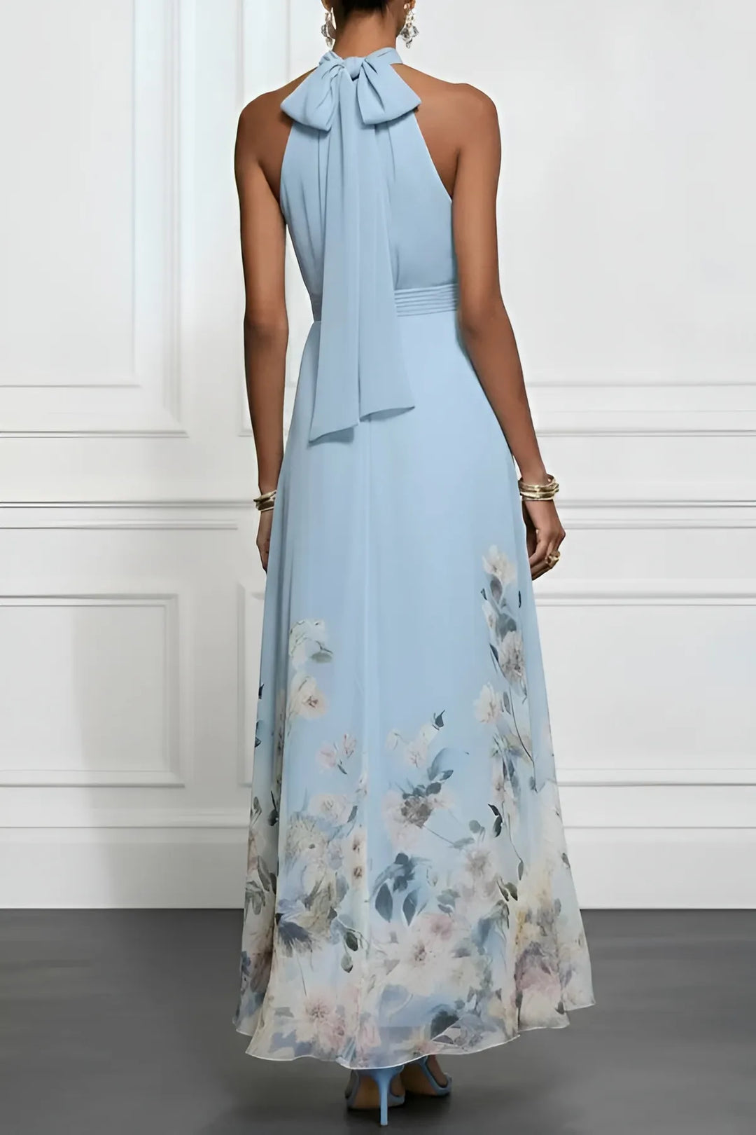 Women's Elegant Floral Maxi Wedding Guest Dress with Halter Neck