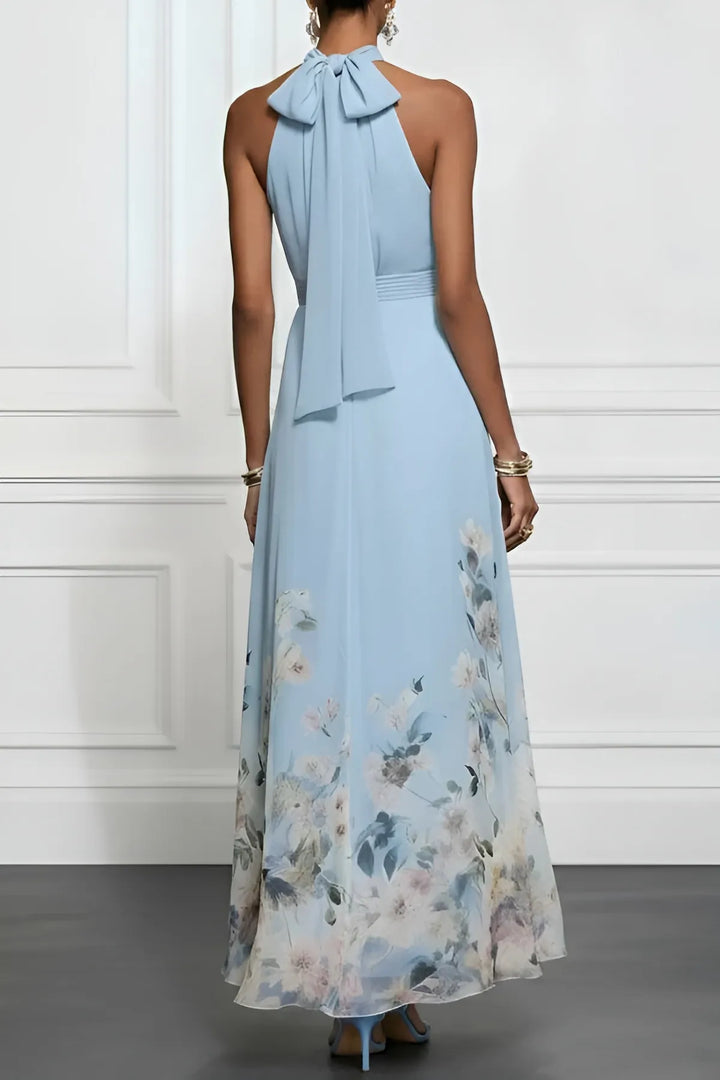 Women's Elegant Floral Maxi Wedding Guest Dress with Halter Neck