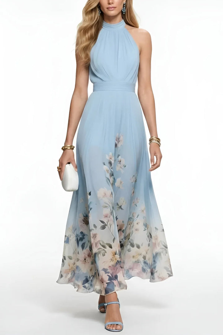Women's Elegant Floral Maxi Wedding Guest Dress with Halter Neck
