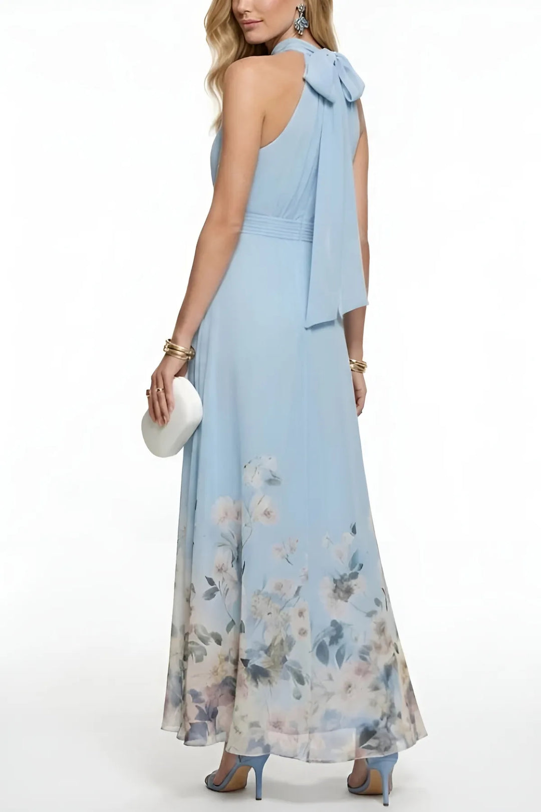 Women's Elegant Floral Maxi Wedding Guest Dress with Halter Neck