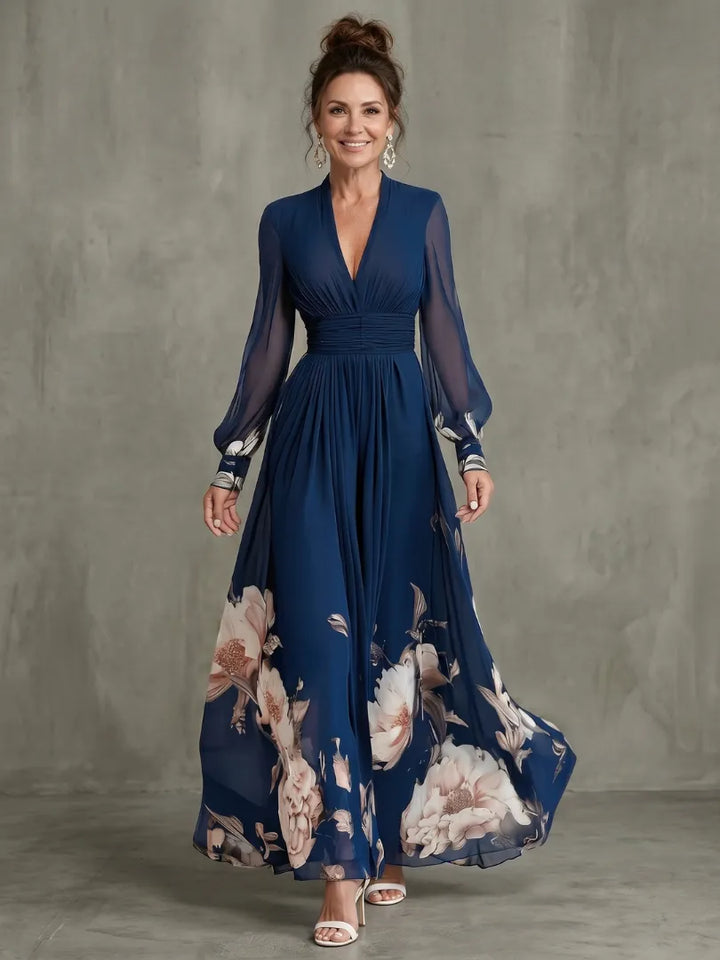 Women's Elegant Floral Maxi Wedding Guest Dress with Puff Sleeve