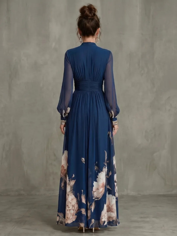 Women's Elegant Floral Maxi Wedding Guest Dress with Puff Sleeve